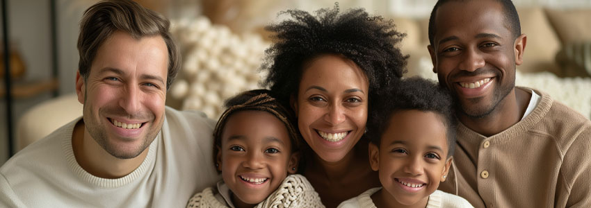 polyamorous family smiling in a cozy living room