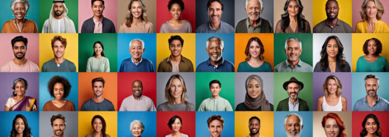 Diverse portraits of people from different ethnicities, ages, sexual orientations, religions, and cultures on colorful background. Diversity and inclusion concept. Downloaded Diverse portraits of people from different ethnicities, ages, sexual orientations, religions, and cultures on colorful background