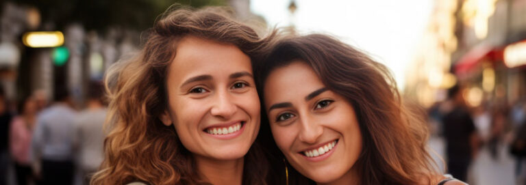 Smiling young female siblings posing together looking at the camera in a city street