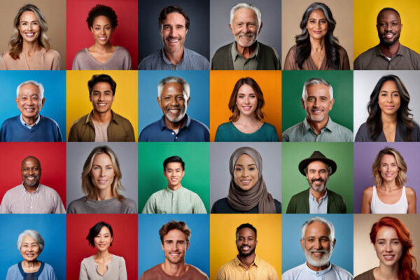 Diverse portraits of people from different ethnicities, ages, sexual orientations, religions, and cultures on colorful background