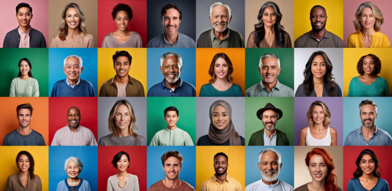 Diverse portraits of people from different ethnicities, ages, sexual orientations, religions, and cultures on colorful background