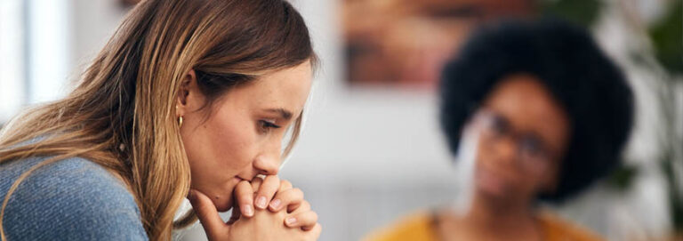 Woman thinking, stress and therapy by psychologist