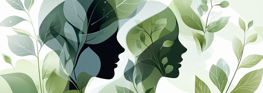 Illustration of two women's silhouettes filled with leaves and plants, representing nature and tranquility