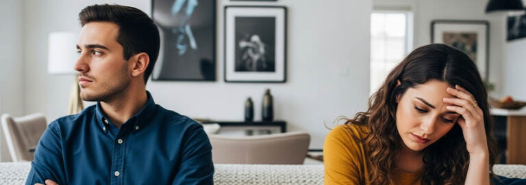Upset couple sitting apart on sofa after argument