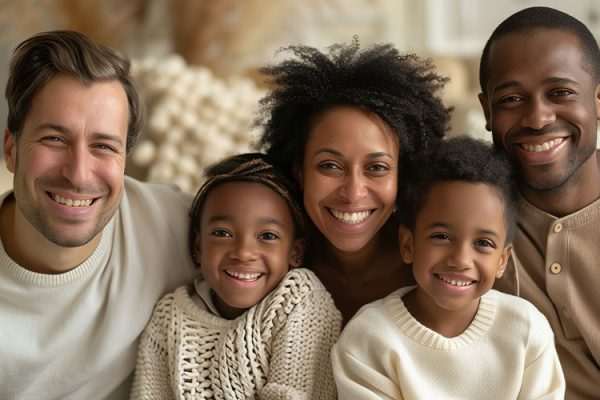 polyamorous family smiling in a cozy living room
