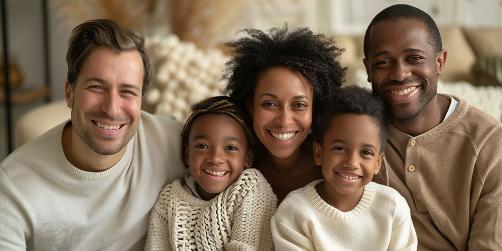 polyamorous family smiling in a cozy living room