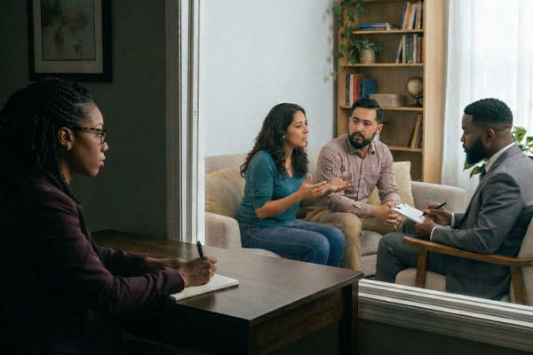 Therapist sitting behind one way mirror watching therapy session