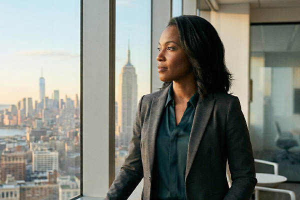 Woman looking out of window at NYC