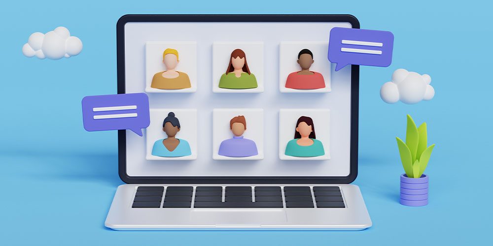Virtual Q&A laptop with people connecting