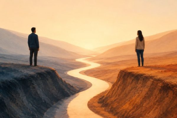 Couple on cliffs divided by river