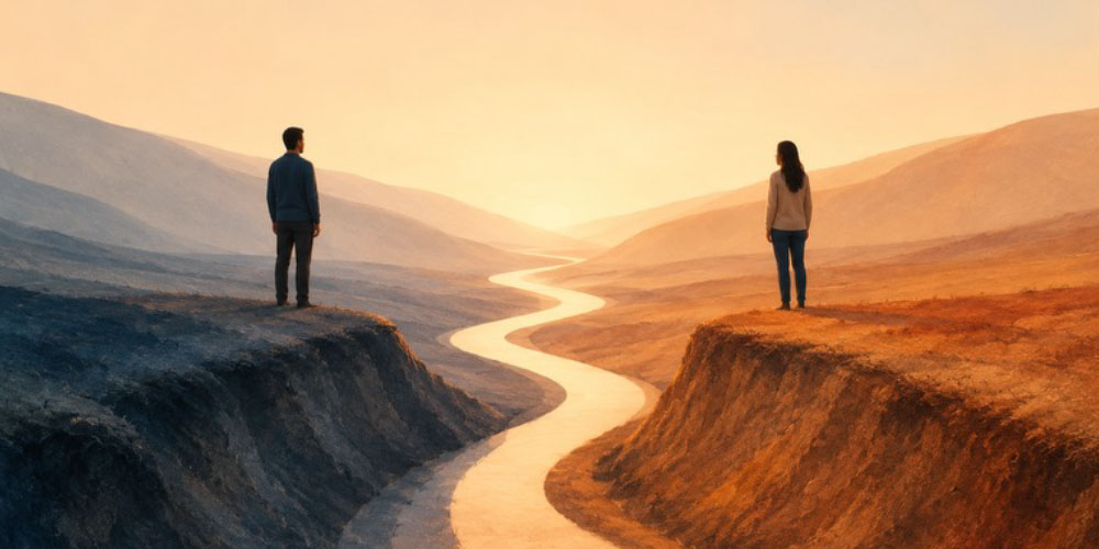 Couple on cliffs divided by river