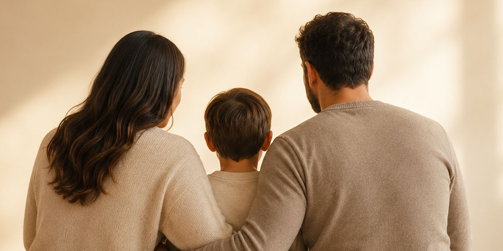 Back of family huddled together with child in the middle
