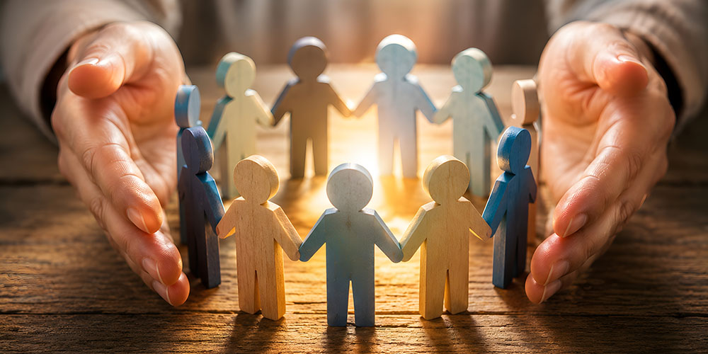 Hands shielding wooden figures representing family and community.
