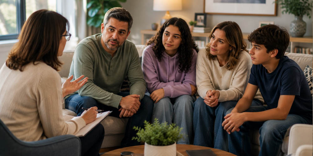 Family in therapy listening to therapist