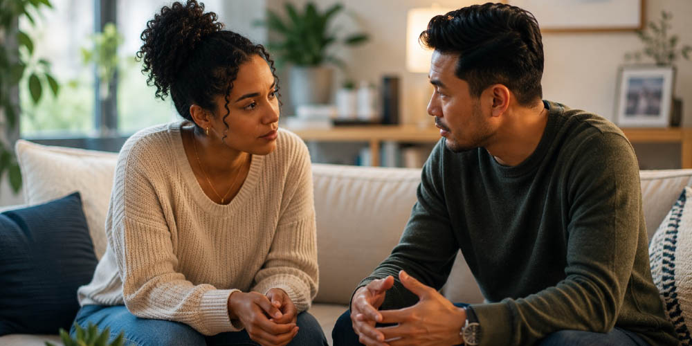 Man talking while while woman listens intently