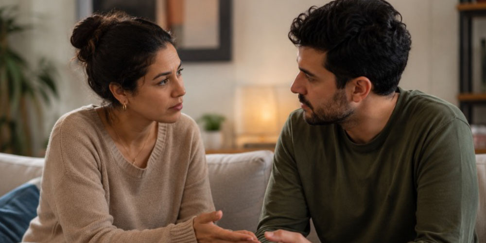 Concerned couple looking at each other